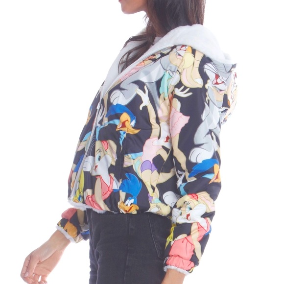 Member Only Faux Rabbit Fur Reversible Bomber Looney Tunes Satin Mashup Print L - Picture 1 of 5